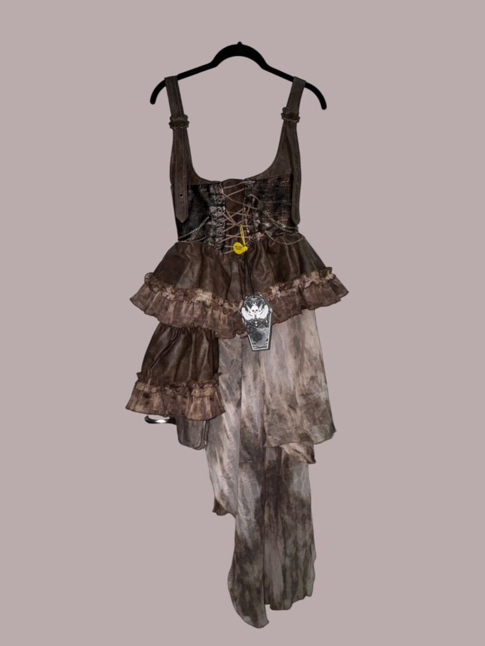 Steampunk Brown Lace-Up High-Low Ruffled Dress With Sheer Overlay & Chain Detail